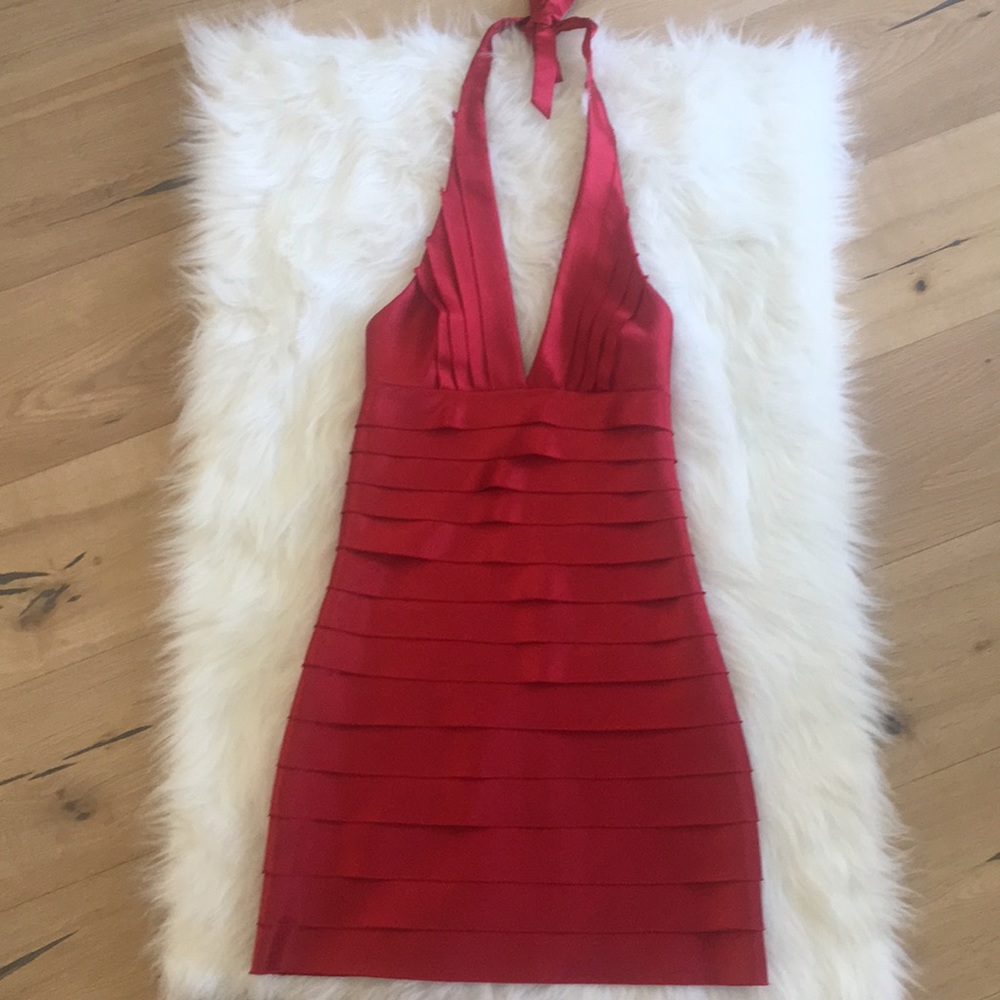 BCBG Maxazria Bodycon Raw Edge Stripe Halter Dress